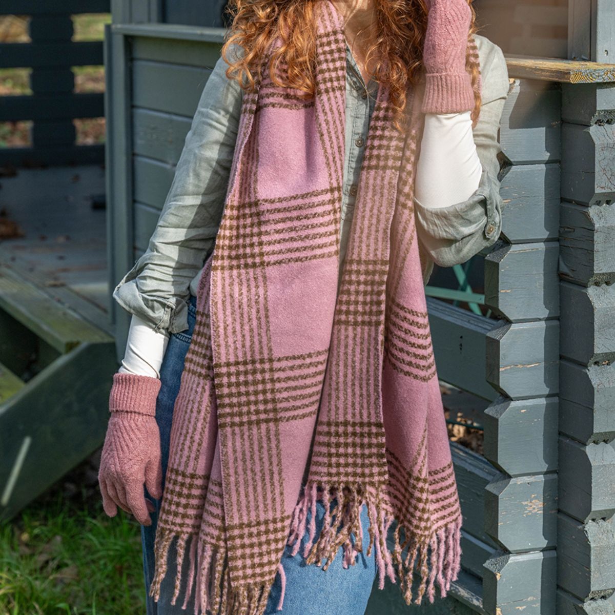 POM Emily Warm Blush Pink and Brown Check Stripes Scarf