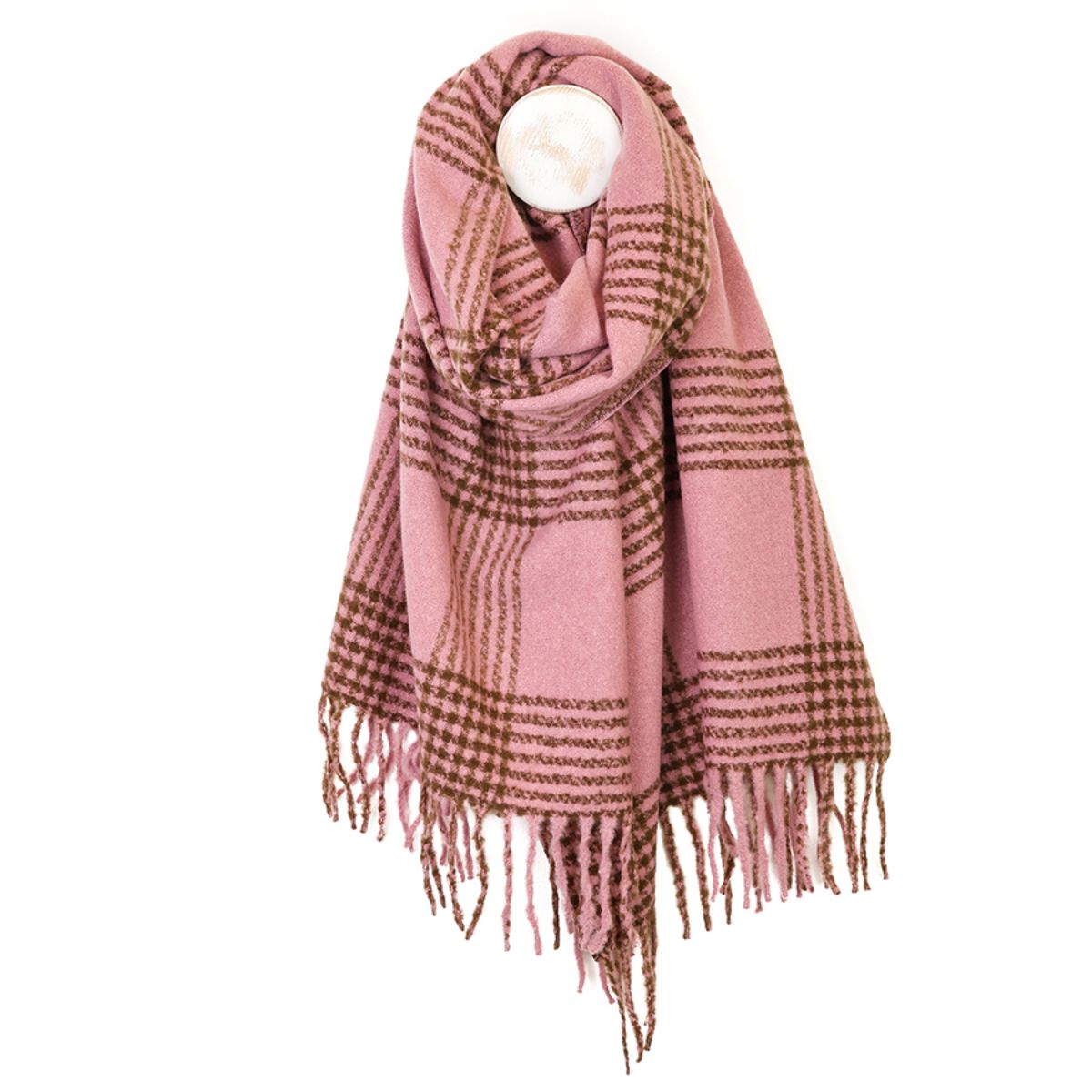 POM Emily Warm Blush Pink and Brown Check Stripes Scarf