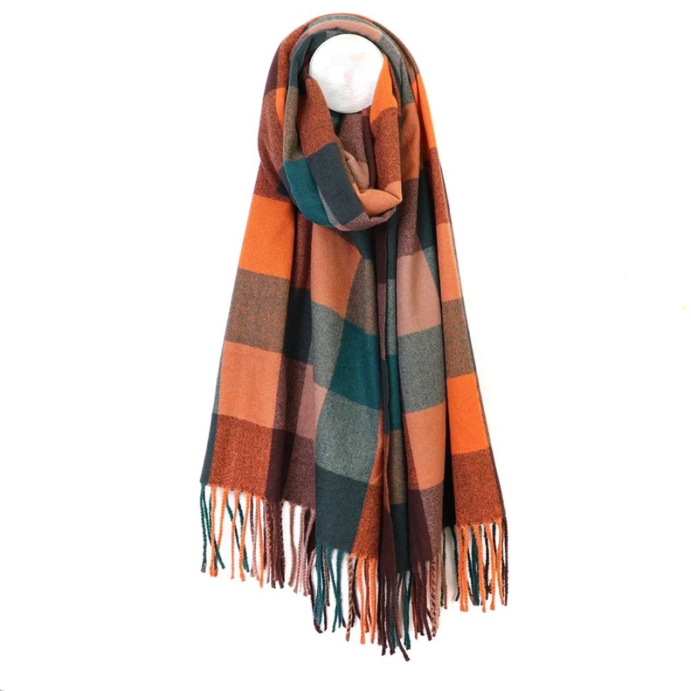 POM Esme Orange & Bottle Green Mix Check Scarf