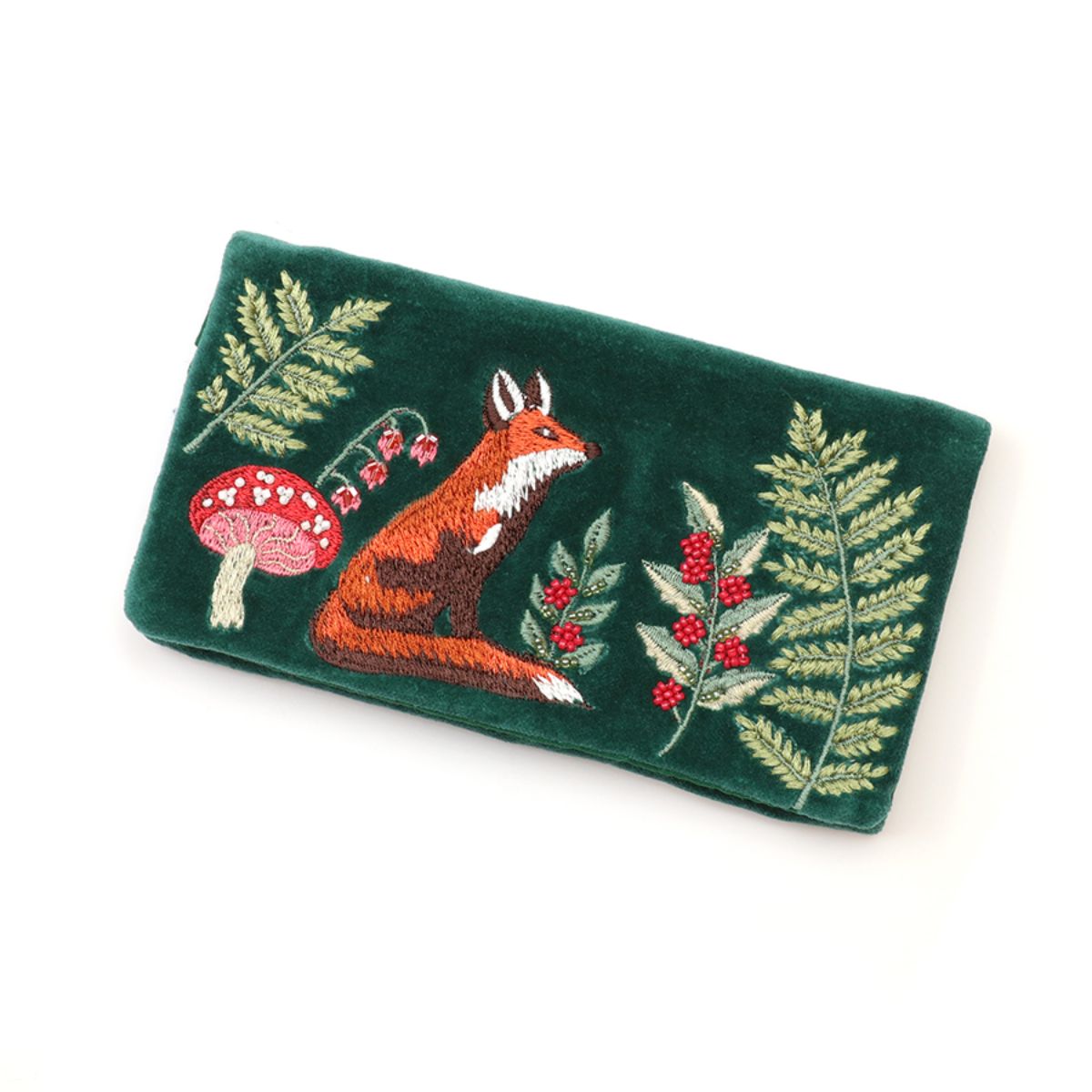 POM Festive Fox Deep Green Velvet Embroidered Jewellery Roll