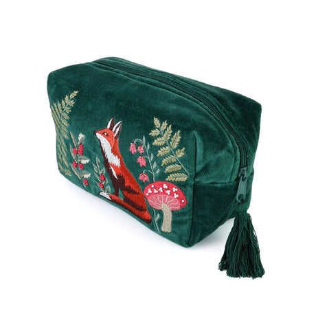 POM Festive Fox Deep Green Velvet Embroidered Wash Bag