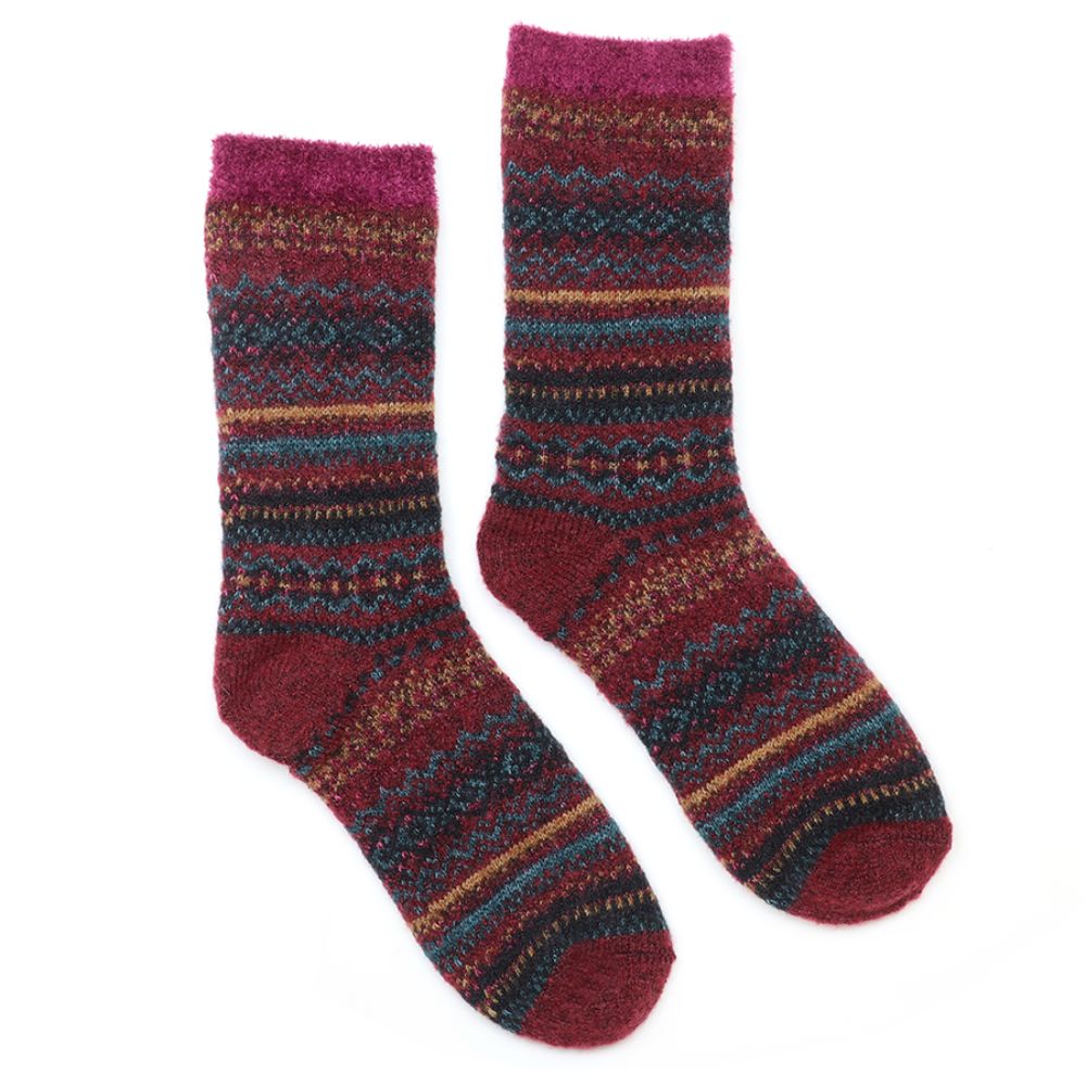 POM Finola Burgundy/Teal Mix Fair Isle Recycled Blend Cosy Socks