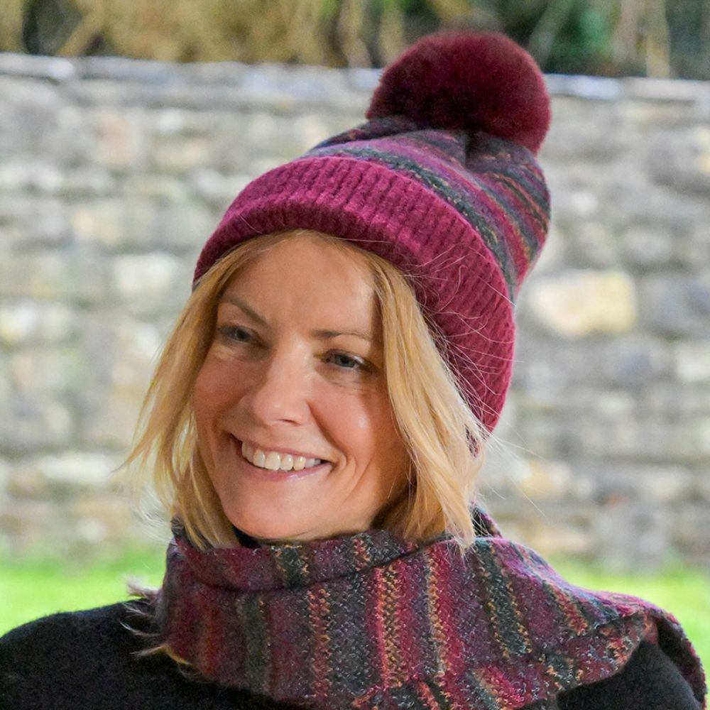 POM Finola Wine and Teal Mix Fair Isle Bobble Hat