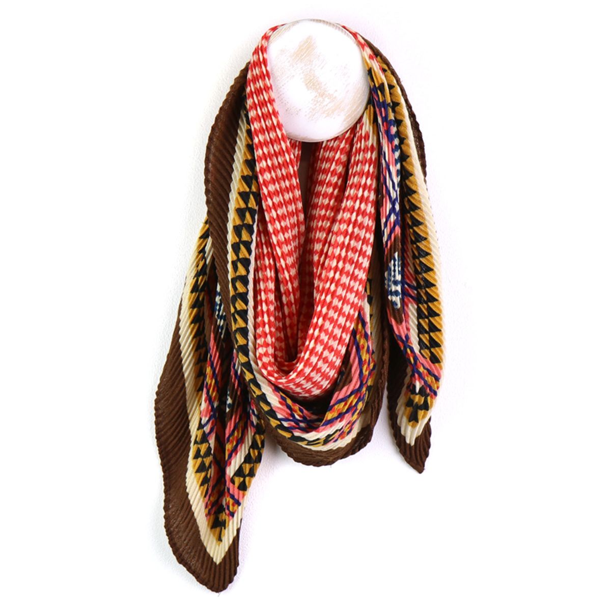 POM Geo Square Brown/Coral/Mustard Mix Crinkle Scarf