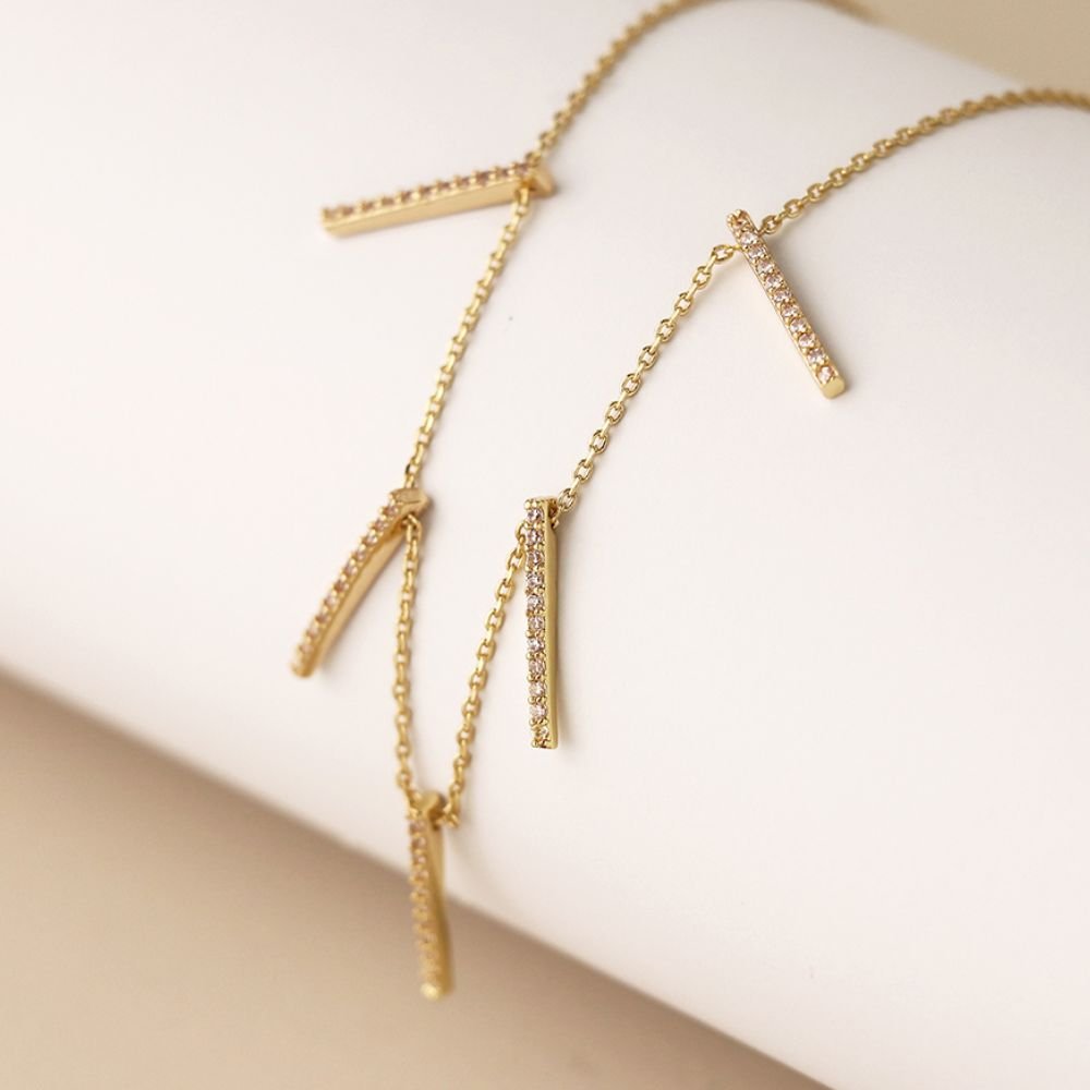 POM Golden Fine Chain And Crystal Bars Drop Necklace - Old Railway Line Garden Centre