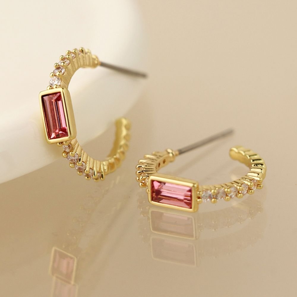POM Golden Hoop Stud Earrings With Pink And Clear Crystals - Old Railway Line Garden Centre
