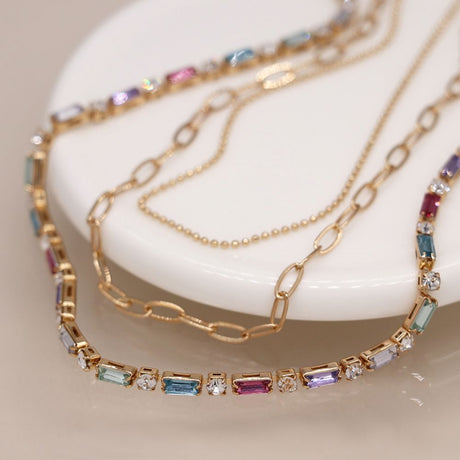 POM Golden Multicoloured Crystals And Chains Necklace - Old Railway Line Garden Centre