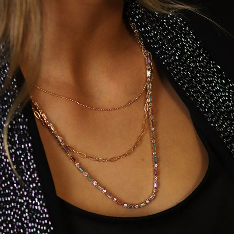 POM Golden Multicoloured Crystals And Chains Necklace - Old Railway Line Garden Centre