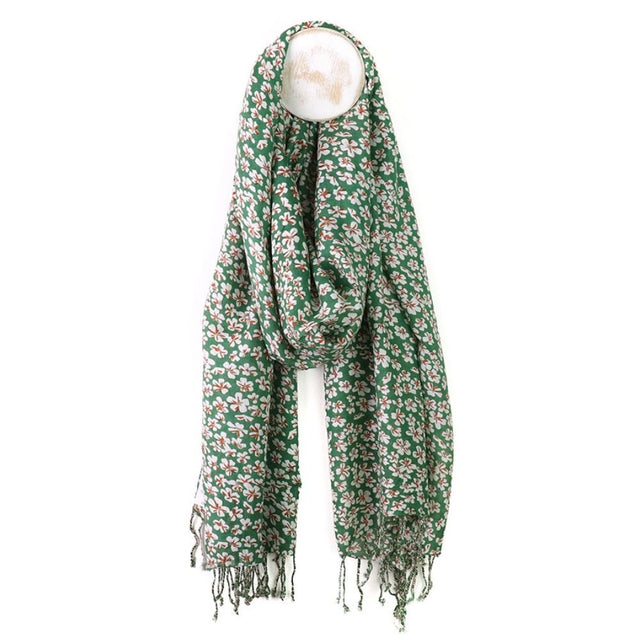 POM Green Ditsy Floral Print Modal Scarf - Old Railway Line Garden Centre