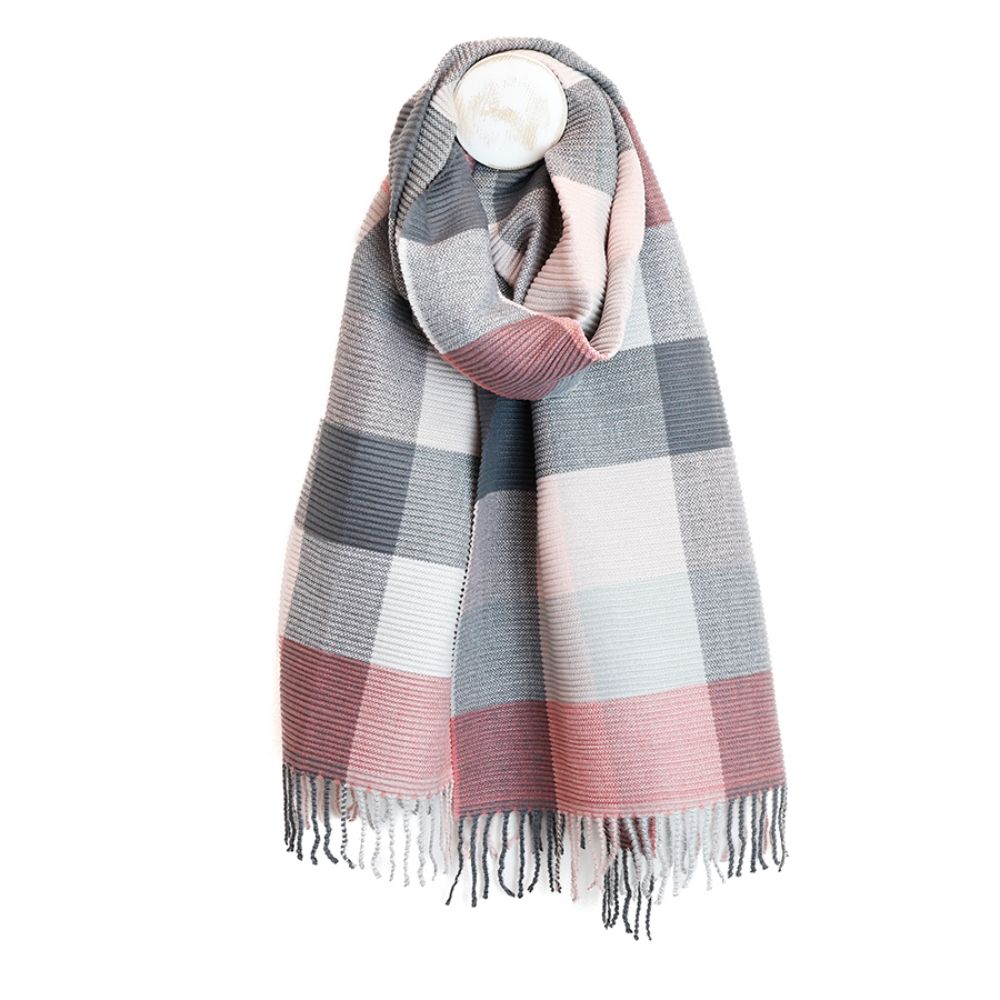POM Harriet Dusky Pink and Grey Mix Pleated Check Scarf