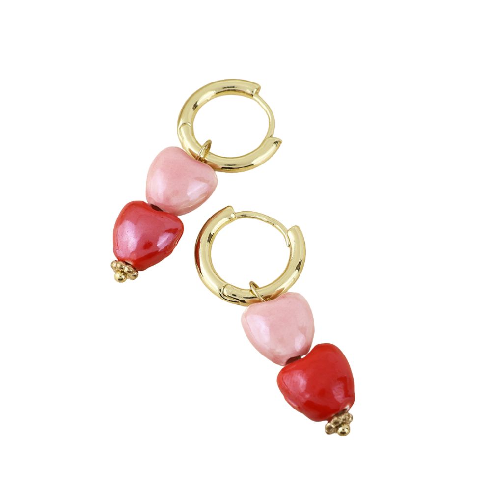 POM Heart Stainless Steel Gold Plated Hoop and Double Pink Heart Earrings