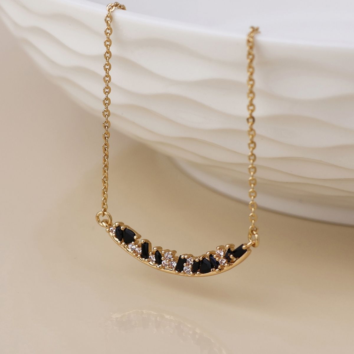 POM Maggie Faux Gold Plated Curved Bar and Black Mix Crystals Necklace