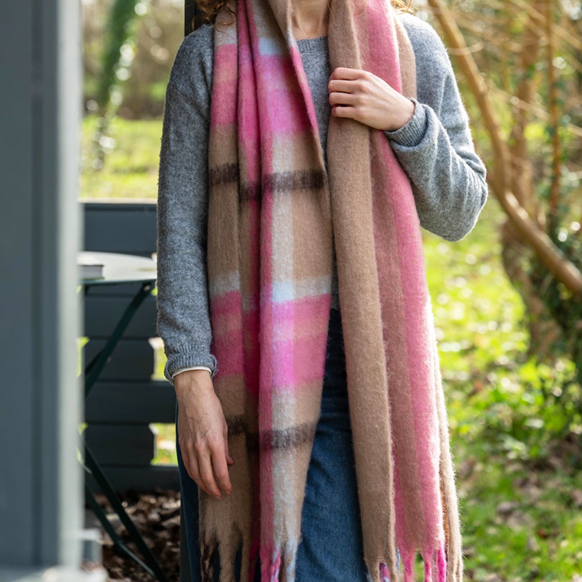 POM Molly Taupe and Pink Mix Cosy Check Scarf
