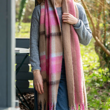 POM Molly Taupe and Pink Mix Cosy Check Scarf