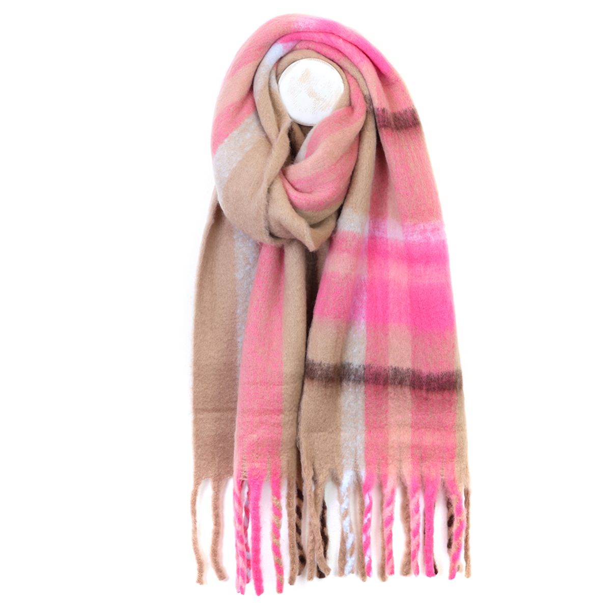 POM Molly Taupe and Pink Mix Cosy Check Scarf
