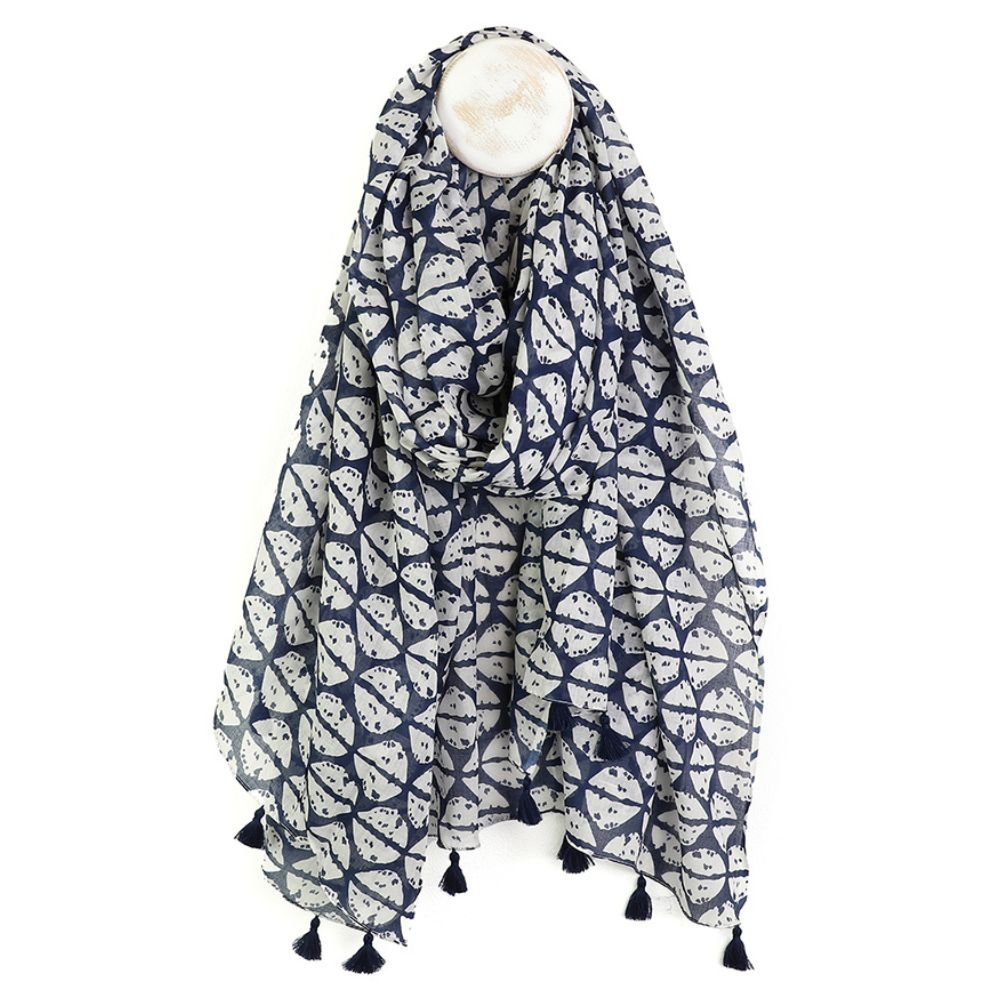 POM Navy & White Abstract Cowrie Cotton Scarf - Old Railway Line Garden Centre