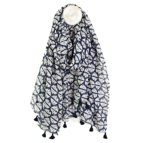 POM Navy & White Abstract Cowrie Cotton Scarf - Old Railway Line Garden Centre