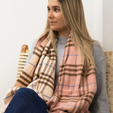 POM Nellie Salmon Pink, Blue and Brown Classic Check Scarf