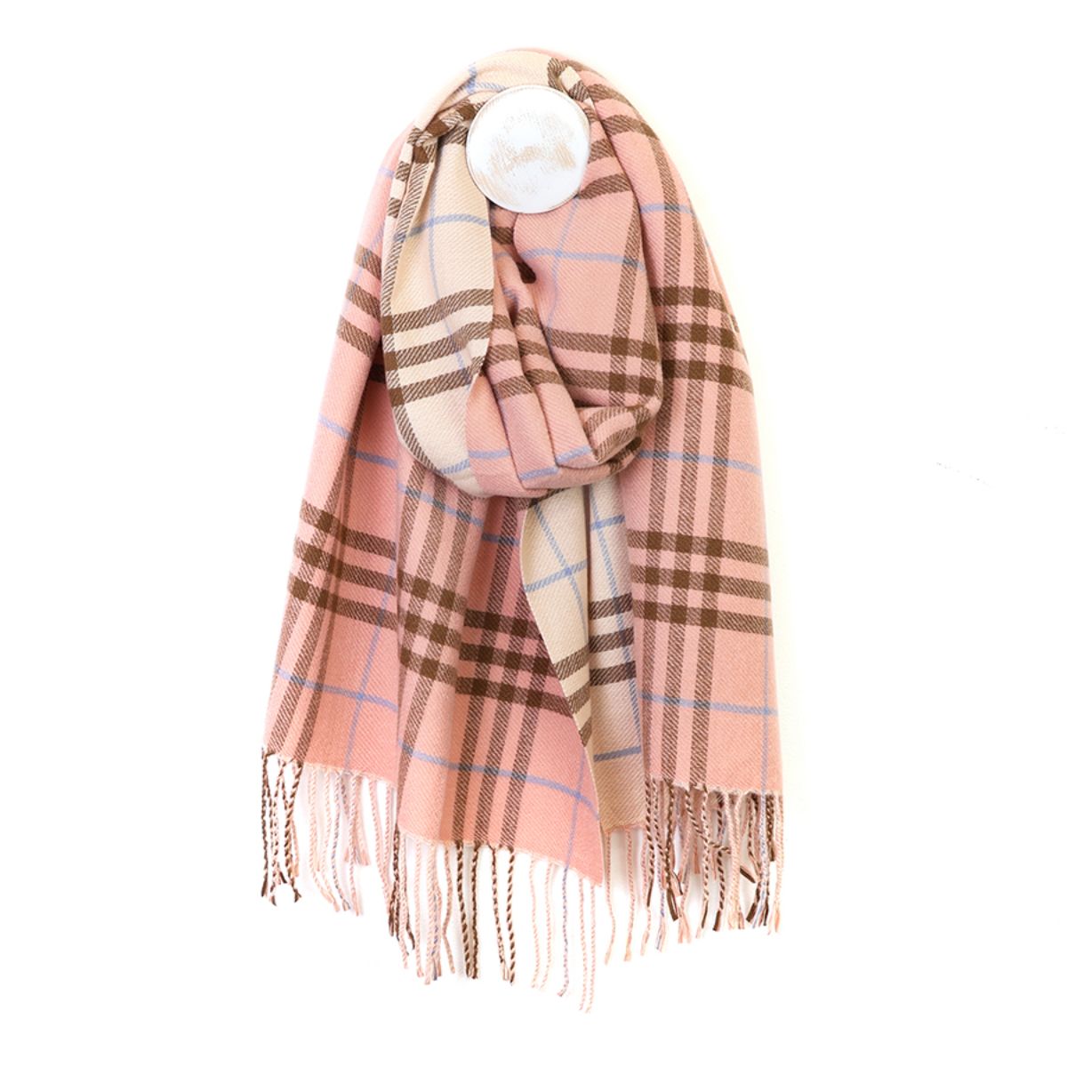 POM Nellie Salmon Pink, Blue and Brown Classic Check Scarf