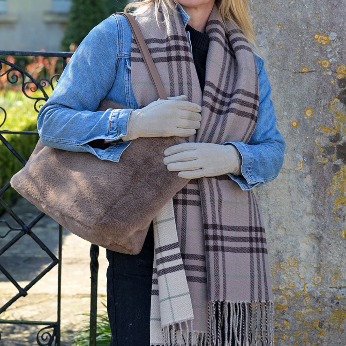 POM Nellie Taupe, Cream and Brown Classic Check Scarf