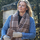 POM Nellie Taupe, Cream and Brown Classic Check Scarf