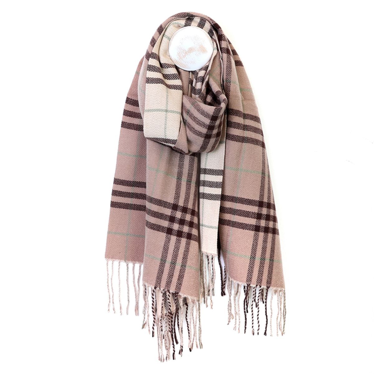 POM Nellie Taupe, Cream and Brown Classic Check Scarf