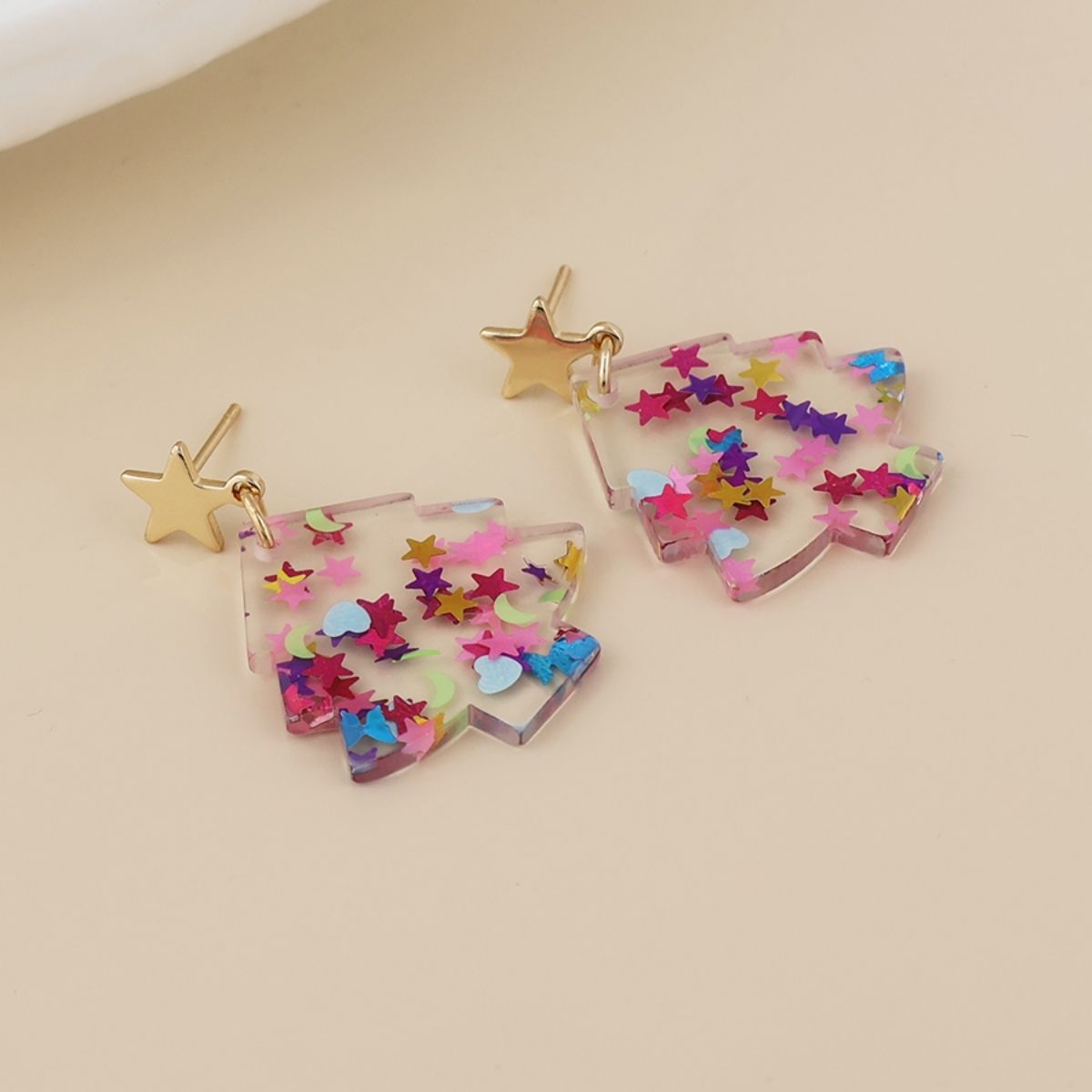 POM Piney Pink Mix Confetti Xmas Tree and Golden Star Earrings