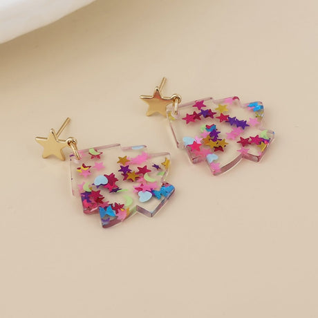 POM Piney Pink Mix Confetti Xmas Tree and Golden Star Earrings