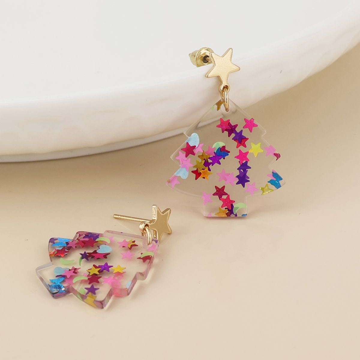 POM Piney Pink Mix Confetti Xmas Tree and Golden Star Earrings