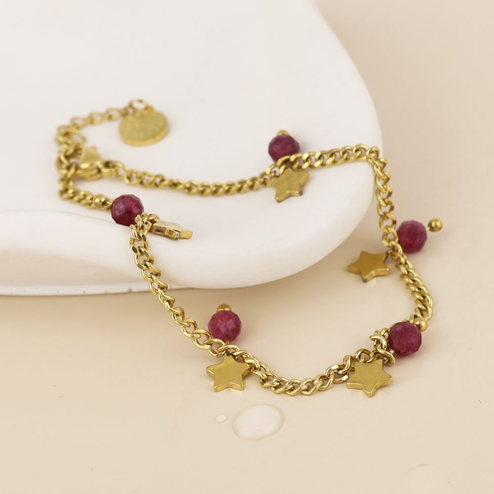 POM Pixi Stainless Steel Gold Plated Star Charms and Pink Beads Bracelet