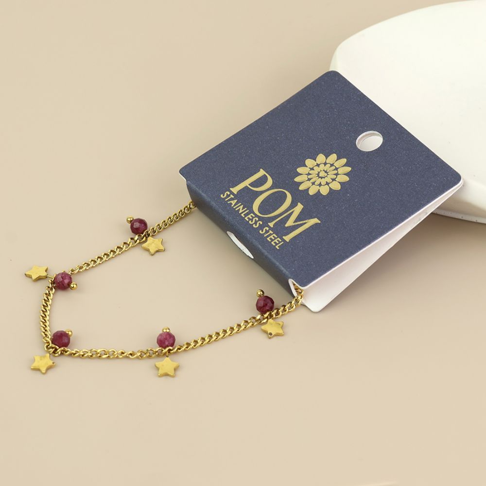 POM Pixi Stainless Steel Gold Plated Star Charms and Pink Beads Bracelet
