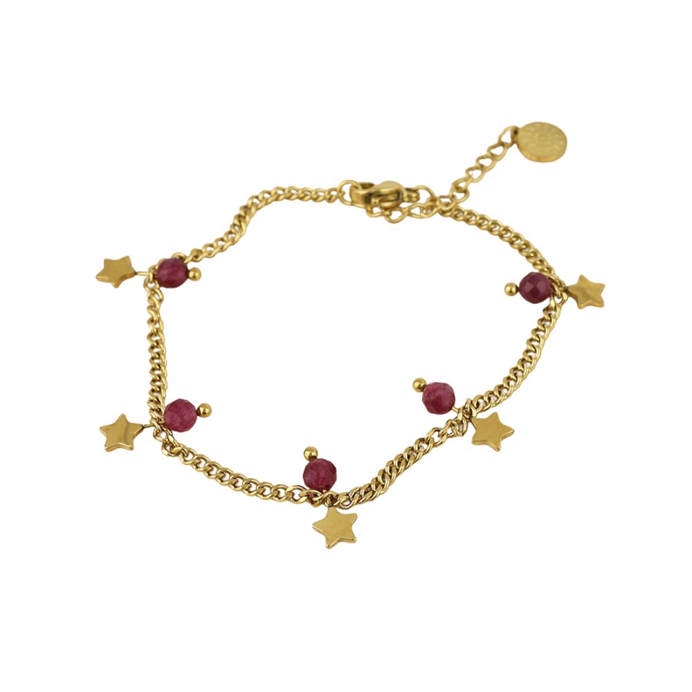 POM Pixi Stainless Steel Gold Plated Star Charms and Pink Beads Bracelet