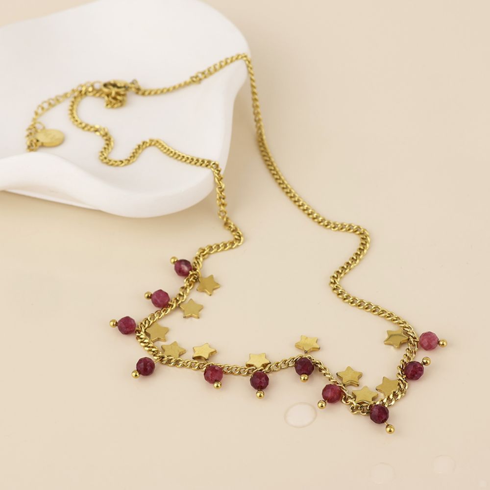 POM Pixi Stainless Steel Gold Plated Star Charms and Pink Beads Necklace