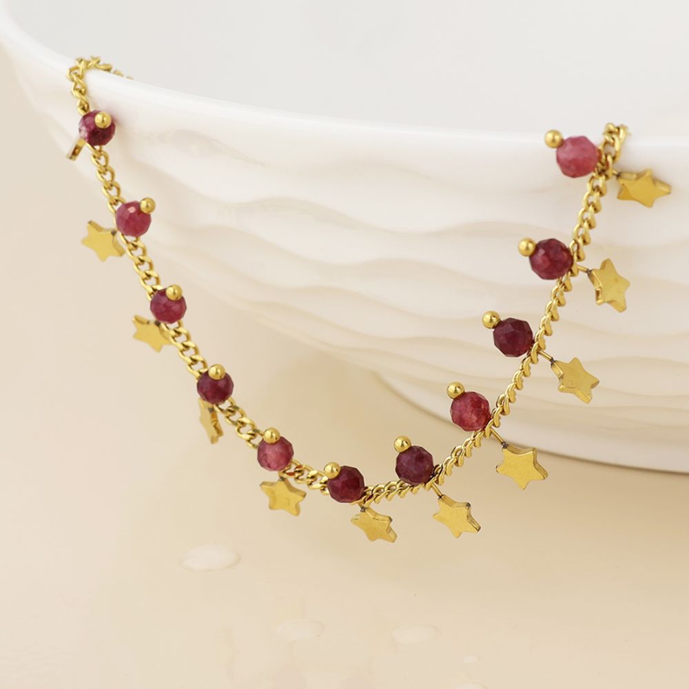 POM Pixi Stainless Steel Gold Plated Star Charms and Pink Beads Necklace