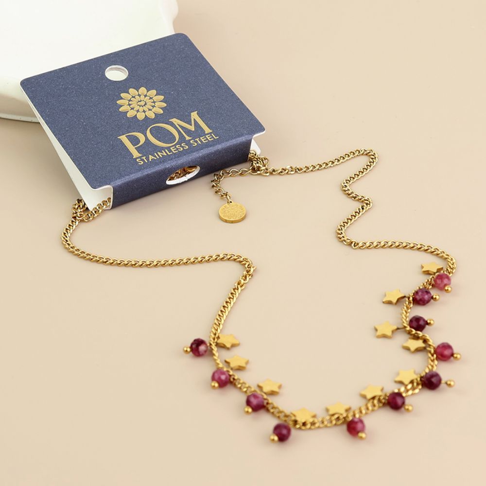 POM Pixi Stainless Steel Gold Plated Star Charms and Pink Beads Necklace