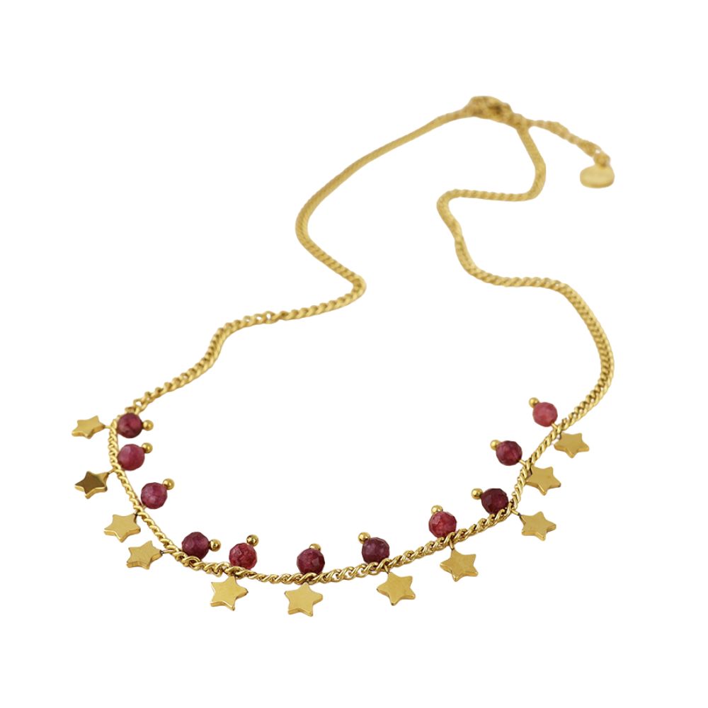POM Pixi Stainless Steel Gold Plated Star Charms and Pink Beads Necklace