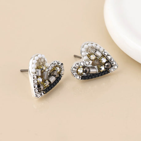 POM Rebel Silver Plated Metallic Grey Mosaic Crystal Heart Earrings