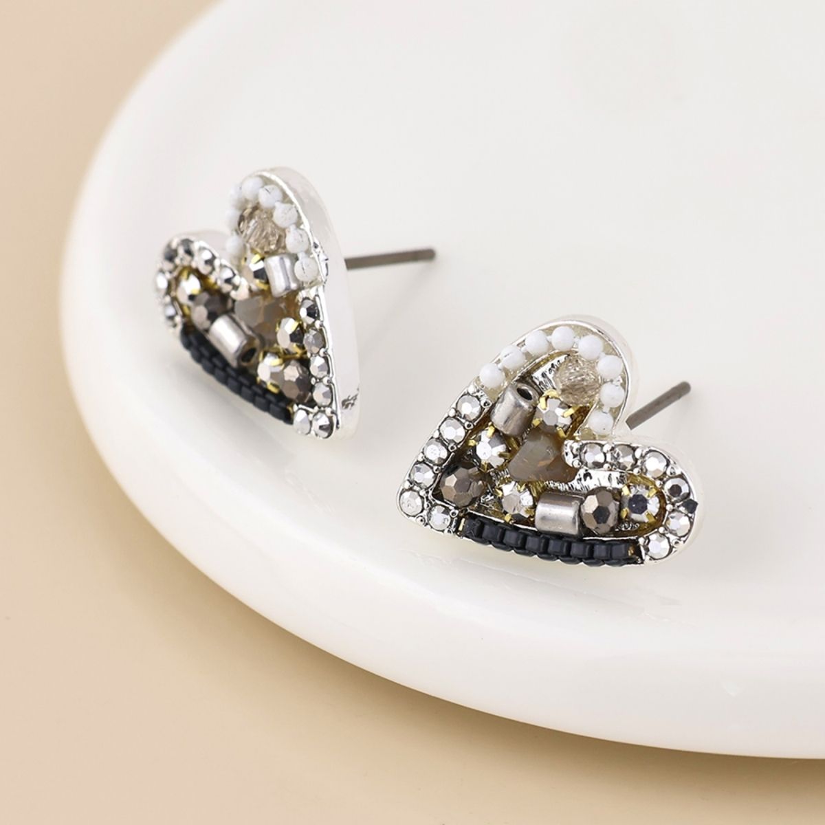 POM Rebel Silver Plated Metallic Grey Mosaic Crystal Heart Earrings