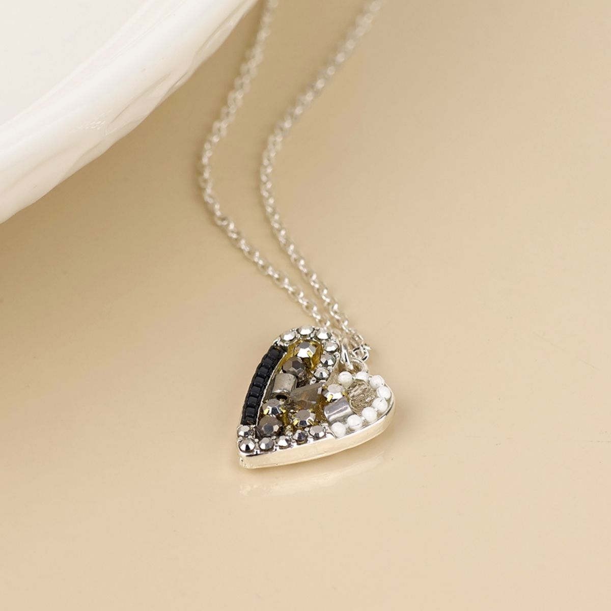 POM Rebel Silver Plated Metallic Grey Mosaic Crystal Heart Necklace