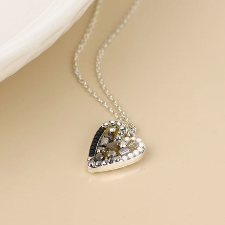 POM Rebel Silver Plated Metallic Grey Mosaic Crystal Heart Necklace