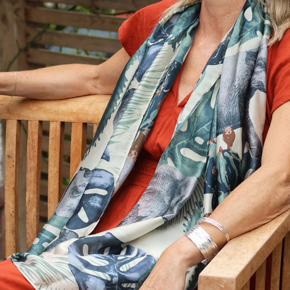 POM Recycled Green Mix Monstera Leaf print Silky Scarf - Old Railway Line Garden Centre