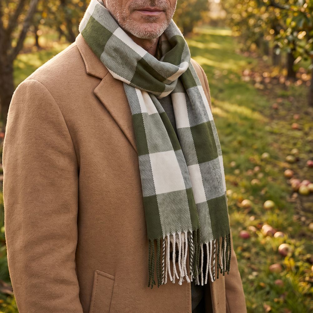 POM Ross Green and Cream Large Check Scarf
