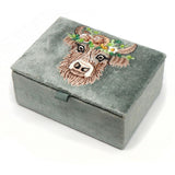 POM Seafoam Green Embroidered Highland Cow Velvet Jewellery Box - Old Railway Line Garden Centre