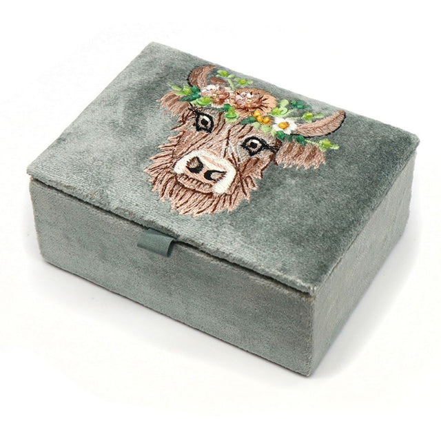 POM Seafoam Green Embroidered Highland Cow Velvet Jewellery Box - Old Railway Line Garden Centre
