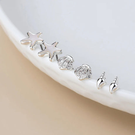 POM Seashell Stud Silver Plated Earrings - (Pack of 3)