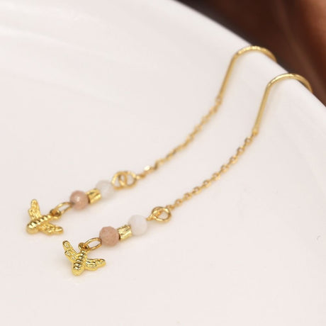 POM Semi Precious Bead Golden Bee And Chain Earrings - Old Railway Line Garden Centre