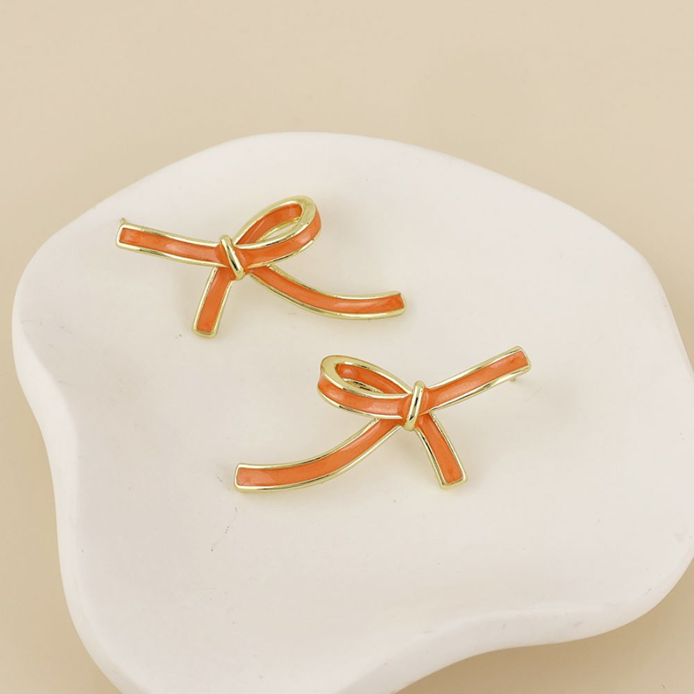 POM Seraphina Stainless Steel Gold Plated Orange Enamel Bow Earrings