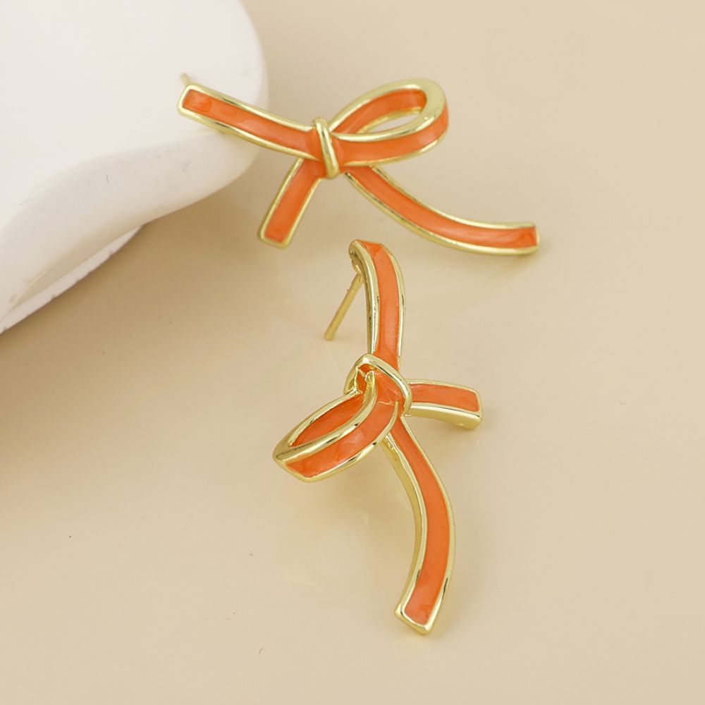 POM Seraphina Stainless Steel Gold Plated Orange Enamel Bow Earrings