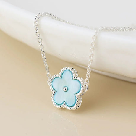 POM Silver Plated Blue Mother Of Pearl Flower Necklace - Old Railway Line Garden Centre