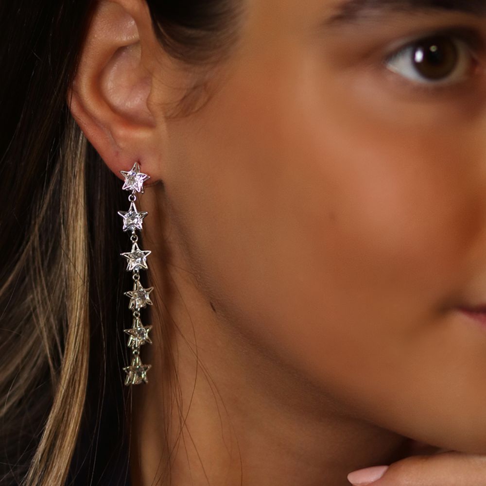 POM Silver Plated Crystal Centred Multi Star Drop Earrings - Old Railway Line Garden Centre